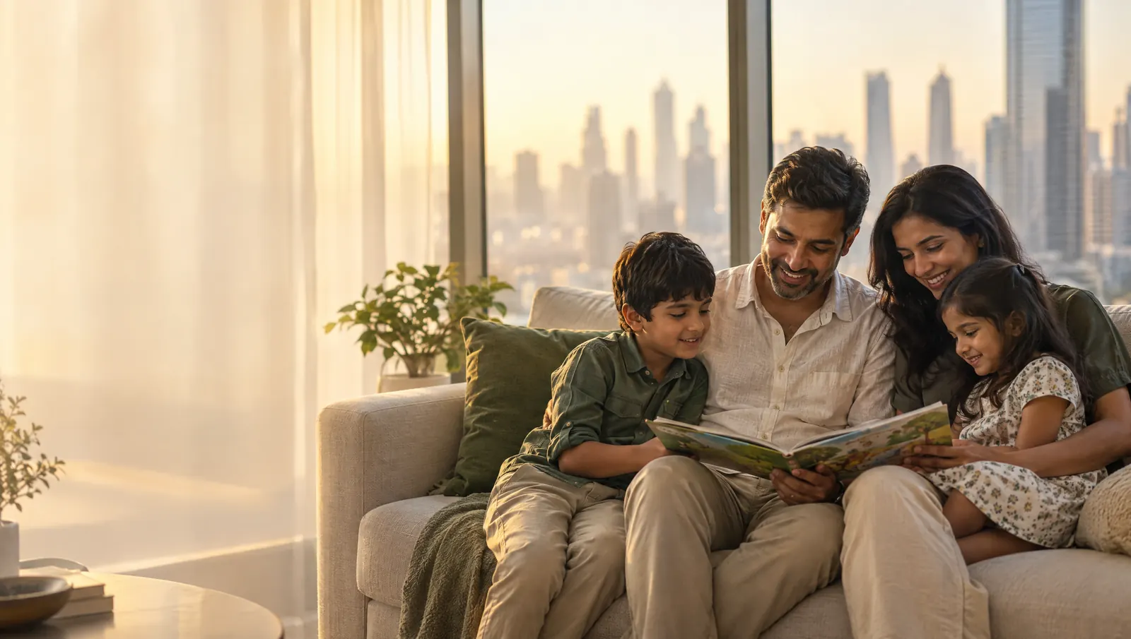 A family reading together on the sofa in their Dubai apartment